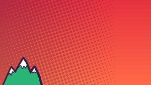 An orange background with halftone pattern and a small green mountain icon with snowy peak caps